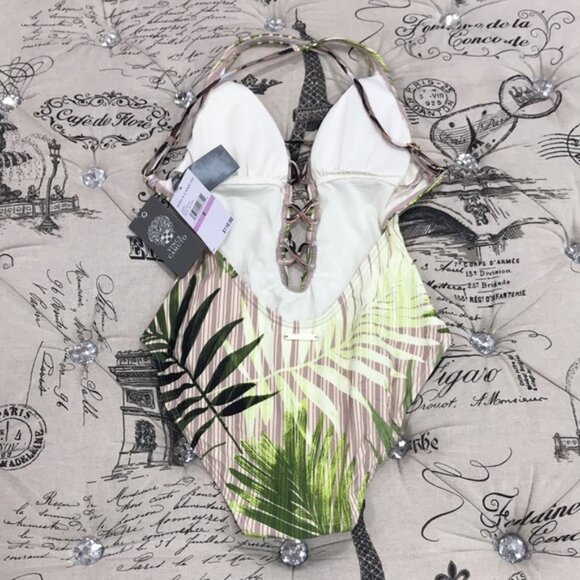 Vince Camuto Tropical Palm Printed Plunging V-Neck Swimsuit - Picture 5 of 8